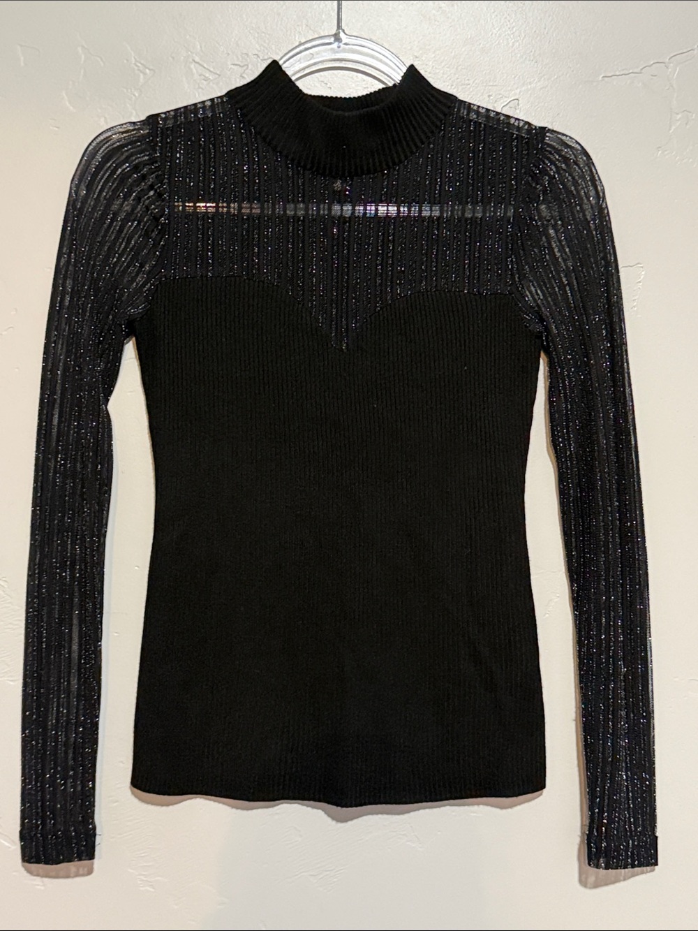 Almost Famous Black Metallic-Striped Mock Neck Long Sleeve Top